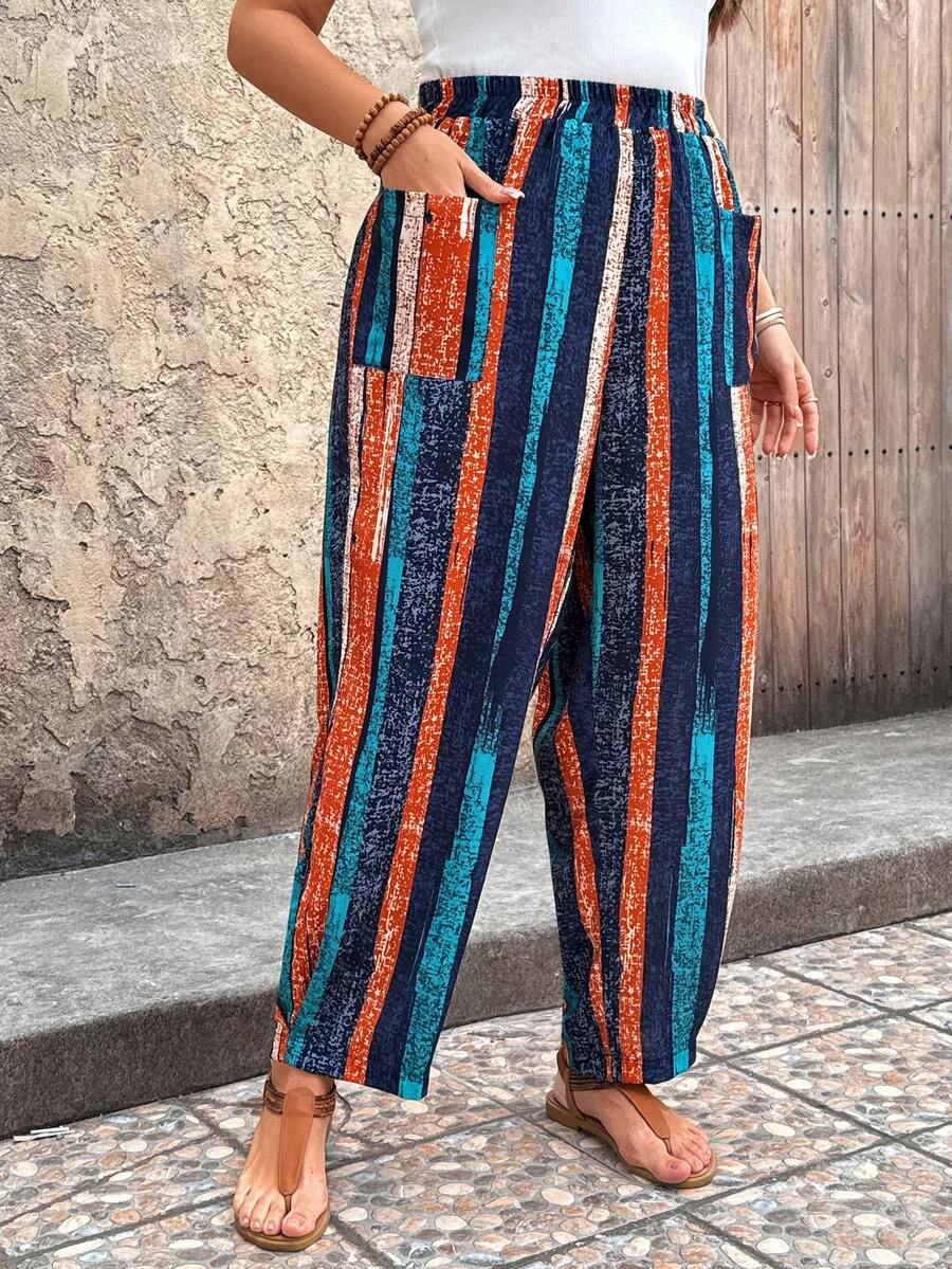 EMERY ROSE Plus Size Women Elastic Waist Striped Pocket Design Casual Tapered Pants - Navy Blue - View 1