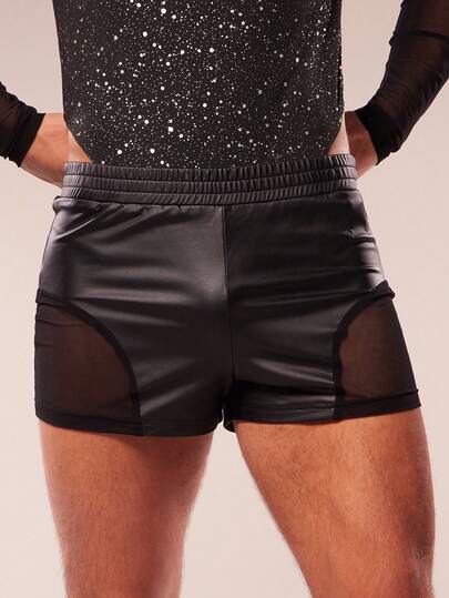 FeverCity Herrshorts med elastisk midja och lapptäcke i PU-läder, avslappnade och mångsidiga