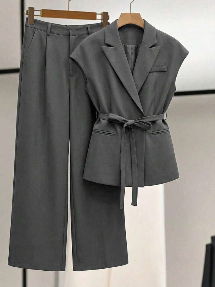 Aveloria Modichic Women's Elegant Turndown Collar Casual Belted Loose Cap Sleeve Vest And High Waist Wide Leg Pants Suit Set - Olive Green - View 1