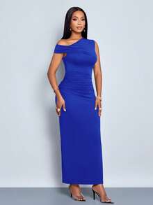 SOLERSUN Vestido largo ajustado de hombro asimétrico oblicuo, de unicolor, elegante para fiestas y uso diario, para primavera y verano - azul real - Ver 6