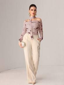 Modelyn T-shirt en maille transparente sexy imprimé ruban tricoté d'automne - Mauve - Voir 8