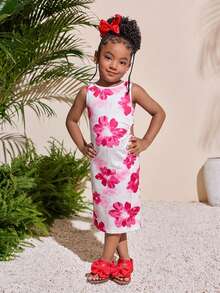 Young Girl Tropical Fashion Fuchsia Round Neck Waist Cutout A-Line Dress - Multicolor - View 4