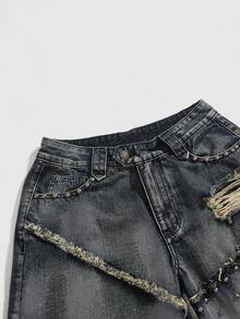 ROMWE Grunge Punk Quần jeans ống rộng phong cách vintage rách rưới, đính đinh tán, phong cách Y2K Punk. - Màu xanh lam - Xem 3