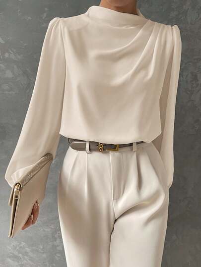 BizChic Women's Solid Color Stand Collar Pleated Decor Loose Lantern Sleeve Long Sleeve Blouse, Versatile For Urban Commute, Office, Business Casual, Party, Basic Top For Summer