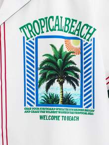 SHEIN 2件套青少年男童白色撞色独角兽、棕榈树、字母印花短袖衬衫和短裤套装，休闲舒适，百搭，适合日常穿着、上学、郊游、户外活动、音乐节、假期、海滩度假、夏季、春夏穿着。 - 白色 - 查看 8