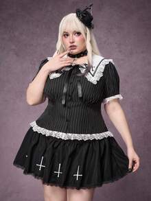ROMWE Goth 大码女式条纹修身腰部蕾丝拼接领交叉短袖衬衫 - 黑色 - 查看 4