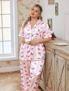 CottageSlumber Bộ đồ ngủ cỡ lớn bằng lụa giả in họa tiết hoa lãng mạn, nơ, ren và sọc. - Hồng - Xem 5