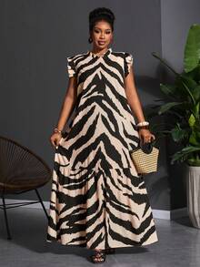 Veslaya 大码女式度假斑马纹荷叶边立领短袖休闲连衣裙 - 黑與白 - 查看 6