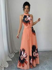 SHEIN Elenzya 女士花卉印花度假优雅荷叶领褶裥腰身A字浪漫连衣裙 - 彩色 - 查看 5