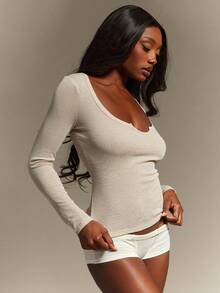 Hauture Maglietta a maniche lunghe da donna casual, slim fit, tinta unita - Albicocca - Visualizzare 3