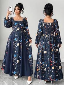 SHEIN Elenzya Vestido longo plus size feminino com estampa floral, decote quadrado, mangas bufantes e cintura marcada, na cor azul marinho lisa com detalhes em patchwork. Elegante vestido francês versátil para férias e para o dia a dia, perfeito para um visual romântico. - Azul - Ver 8
