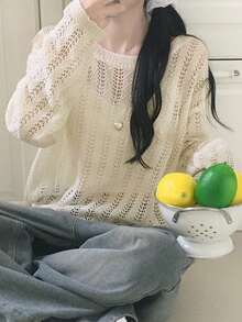 DAZY 宽松薄纱长袖毛衣，休闲超大款设计，女士度假春季邮轮毛衣 - 白色 - 查看 5