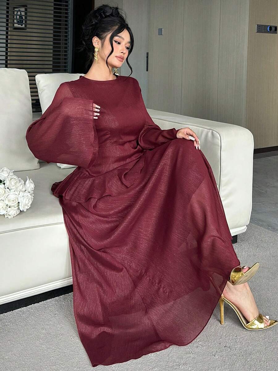 Dazy Plus Valentine Shiny Patchwork Ruffle Hem Maxi Party Dress, Wine Red, Spring/Summer - Burgundy - View 1