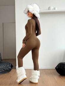 SHEIN PETITE Bộ jumpsuit nữ dáng nhỏ nhắn, màu trơn, khóa kéo phía trước, tay dài, cổ đứng, kiểu dáng thường ngày, thích hợp cho mùa thu/đông. - màu nâu - Xem 2