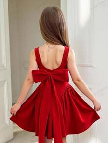 Serisse Kids Tween 女童优雅天鹅绒蝴蝶结腰无袖圆领连衣裙，休闲日常穿着，返校装，红色，适合圣诞节和新年 - 紅色 - 查看 2