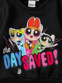 THE POWERPUFF GIRLS X SHEIN 2pcs/Set Young Girl Cute Cartoon Blossom, Bubbles, Buttercup Pattern Dropped Shoulder Long Sleeve Black Sweatshirt And Letter Tape Cargo Pants Casual Sports Suit - Multicolor - View 4