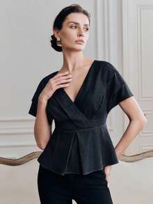 Anewsta Women's Elegant Pleated V-Neck Party/Valentine's Day Blouse With Shoulder Sleeves, Spring/Summer - Navy Blue - View 7