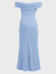 Girlism Tween Girl Off-Shoulder Ruched Elegant Crossover Hem Slit Fishtail Dress, Suitable For Weddings, Birthday Parties, Galas - Baby Blue - View 2