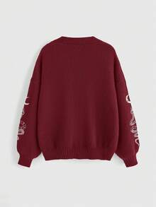 ROMWE Gothic Snake & Moon Embroidery V-Neck Loose Cardigan, Plus Size - Burgundy - View 2