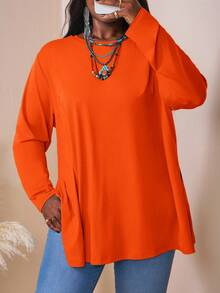 SHEIN CURVE+ 大码彩色纯色圆领落肩长袖开衩下摆宽松T恤，女士夏秋冬装，CURVE PLUS - 橘色 - 查看 5