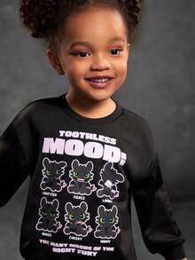 SHEIN How to Train Your Dragon Young Girl Casual Letter & Cartoon Pattern Crew Neck Sweatshirt And Contrast Striped Side Flare Leg Pants Set, Autumn - Black - View 5