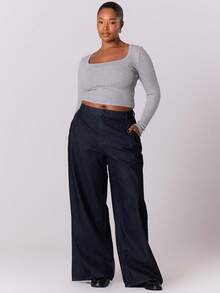 MUSERA 加大码深色水洗高腰阔腿宽松牛仔裤，休闲可爱，适合夏季度假、休闲旅行、优雅集体办公穿着，日常时尚百搭。 - 藍色 - 查看 1