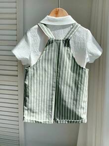 SHEIN 2件套男/女婴舒适休闲百搭可爱白色短袖衬衫和条纹背带短裤连体衣套装，适合室内、室外、日常、运动、玩耍、派对、拍照、度假，春夏皆宜。 - 綠色 - 查看 2