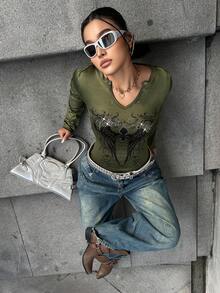 POPSWAY Áo thun dài tay ôm sát, in họa tiết cổ điển, đính đá lấp lánh, cổ chữ V, gợi cảm, thích hợp cho mùa xuân/hè. - màu xanh lá - Xem 5