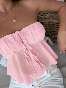 MainGRL Damen Gewebtes Gerafftes Vorder-Bindeträger-Top, Einfarbig - Pink - Übersicht 7