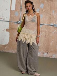 COUREZ Unisex Women Men Low Rise Baggy Barrell Fit Check Trousers Cotton - Coffee Brown - View 3