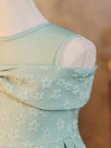 Glamorique Kids 年轻女孩纹理花卉镂空圆领优雅连衣裙 - 綠色 - 查看 8