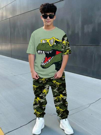 Conjunto informal de camiseta de manga corta y pantalones con cuello redondo, estilo suelto y cómodo, para niño preadolescente, con estampados minimalistas, clásicos, de moda Y2K, de dinosaurios, camuflaje, graffiti hecho a mano y diseños deportivos