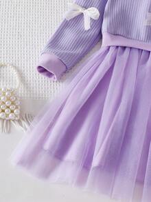 SHEIN Playful Pals فستان بياقة مستديرة وأكمام طويلة وذيل من الشبك مزين بالفراشات للبنات، طراز طازج وأنيق، جميل وحلو، مناسب للخريف/الشتاء