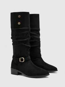 CUCCOO BIZCHIC Women's Buckle Design Everyday Fashion Pleated Chunky Heel Knee-High Boots - Black - View 7