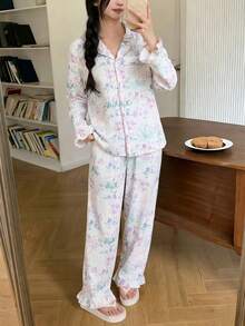 SHEIN 少女睡衣套装 - 两件套碎花粉彩睡衣套装，长袖翻领上衣，荷叶边袖口长裤，松紧腰家居服，适合青少年女孩，大码可爱宽松版型，日常居家度假必备，2026 款，柔软轻盈舒适，魅力十足 - 彩色 - 查看 8