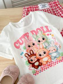 Genkimix Kids 2 peças/Conjunto Camiseta de Manga Curta com Estampa de Coelho para Meninas Jovens & Calça Xadrez Vermelha Solta de Perna Reta, Roupas de Algodão para Meninas - Branco - Visão 5
