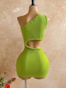Soleia Lime Green Summer Casual Vacation Holiday Women's Asymmetrical Shoulder Hollow-Out Strap Mini Dress,Boho Party Music Festival Wedding Events - Green - View 2