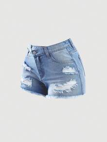 Girlism 少女蓝色牛仔不对称腰部破洞修身短裤 - 黑色 - 查看 1