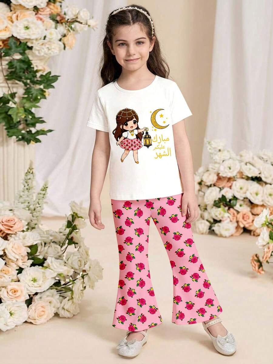 SHEIN 2件套女童休闲卡通月亮、星星和花朵图案圆领短袖上衣和喇叭裤套装，适合夏季穿着 - 彩色 - 查看 1
