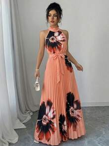 SHEIN Elenzya 女士花卉印花度假优雅荷叶领褶裥腰身A字浪漫连衣裙 - 彩色 - 查看 6