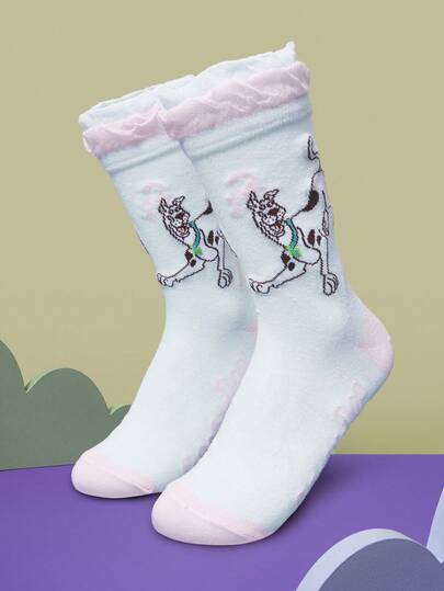 SCOOBY-DOO X SHEIN 1 Pair Women Cute Colorblock Dog Pattern Frill Trim Crew Socks