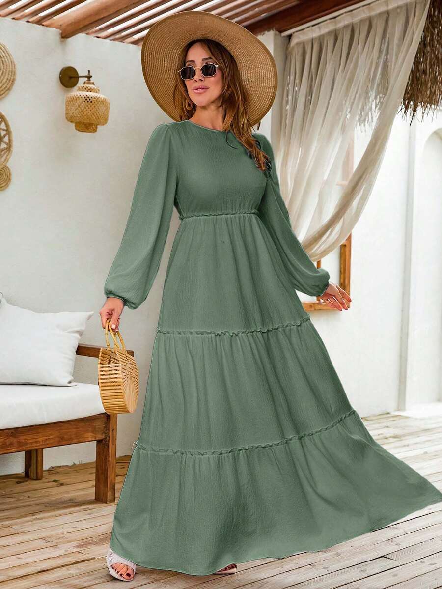 EURMUSE 灯笼长袖叠层长裙 - Light Green - View 1