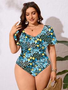 Swim Lushoire 大码女式不对称碎花荷叶边短袖连体泳衣，夏季沙滩 - 彩色 - 查看 5