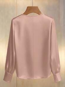 Franclia 女士香槟色优雅V领珍珠装饰长袖衬衫，缎面面料，适合通勤和日常优雅穿着 - 粉色 - 查看 2