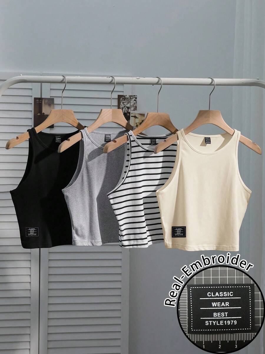SHEIN EZwear 4件套女士休闲刺绣条纹纯色背心，黑色、白色、杏色，百搭性感，适合春夏穿着。 - 彩色 - 查看 1