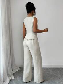 SHEIN Elenzya 女士优雅无袖皮带扣装饰西装背心和裤子套装，商务通勤风格，适合春夏穿着，教师装、办公室服装、返校季、约会、度假、通勤，优雅复古春季套装 - 灰色 - 查看 2