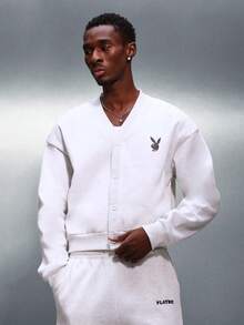 PLAYBOY X SUMWON Bunny Logo Button Front Cardigan Long Sleeve Winter Outerwear Jacket - Light Grey - View 1