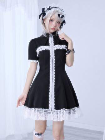 Lolita Cute Cross Dark Qute Punk Kawaii Lace Patchwork Mini Dress For Women