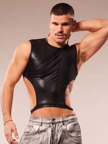 FeverCity Men's Crew Neck Crocodile Embossed Cutout Design Sleeveless Top