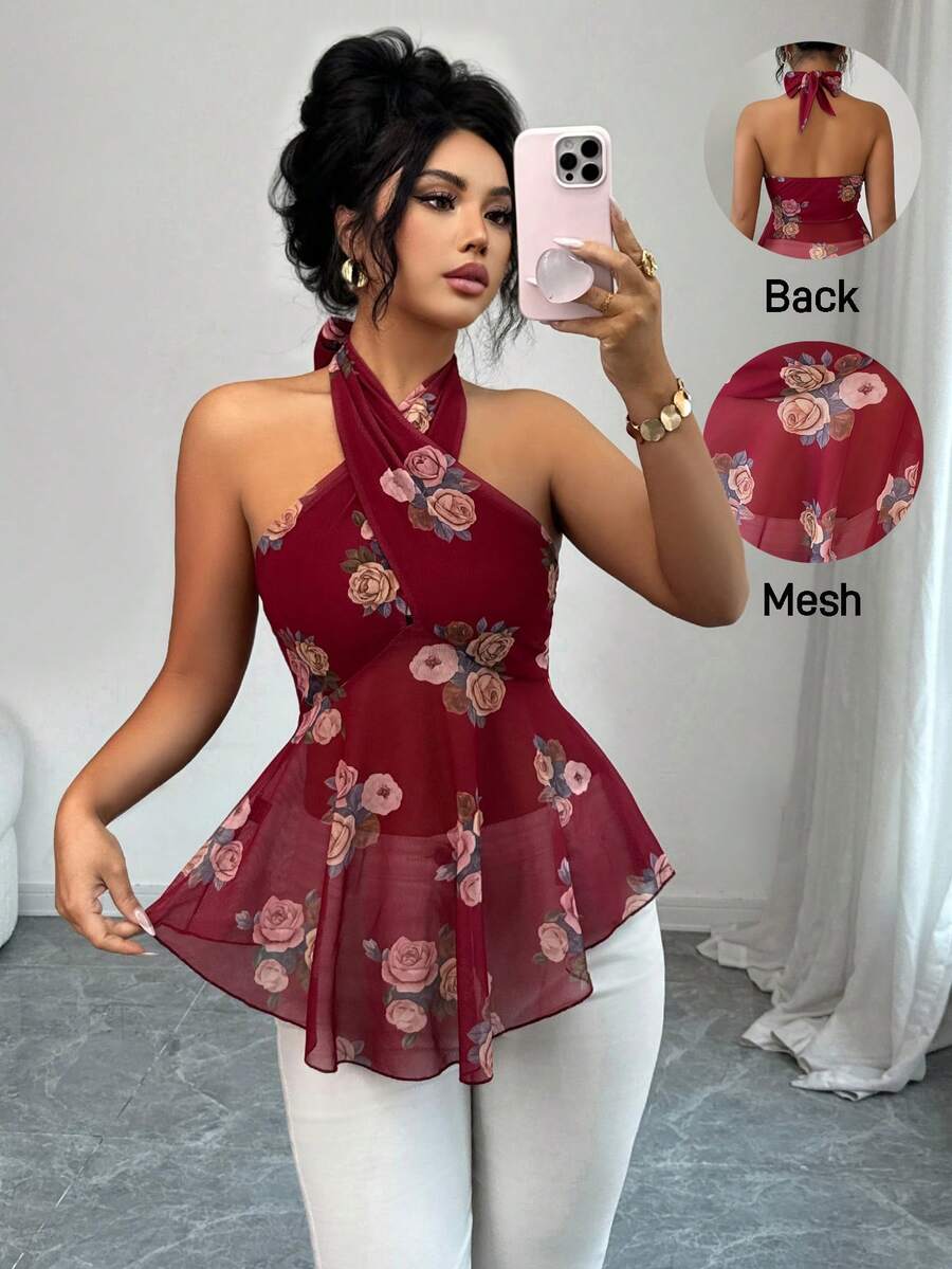Elenzga Women's Multicolor Floral Print Halter Neck Ruffle Hem Regular Boho Tank Top - Multicolor - View 1
